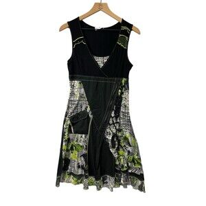 Vintage CACHE Y2K Black Green Graphic Asymmetrical Dress Goth Indie Grunge 40